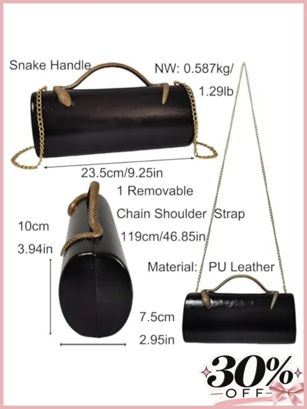 Faux Leather Evening Clutch with Snake Handle Removable Chain Strap